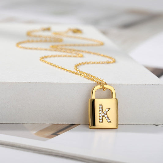 Yellow Gold Letter Lock Pendant Necklace