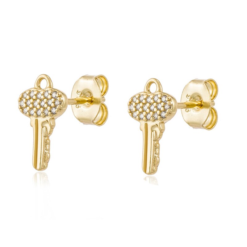 Yellow Gold Lock & Key Pave Stud Earrings