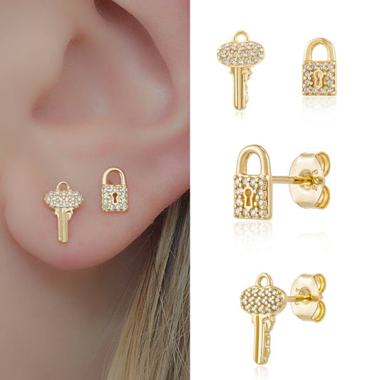 Yellow Gold Lock & Key Pave Stud Earrings