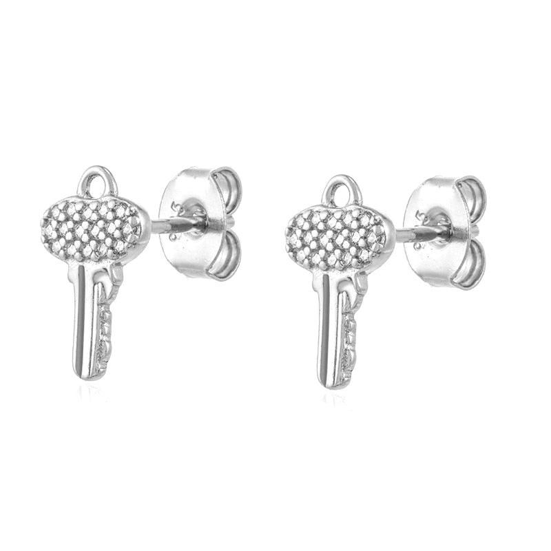 Yellow Gold Lock & Key Pave Stud Earrings