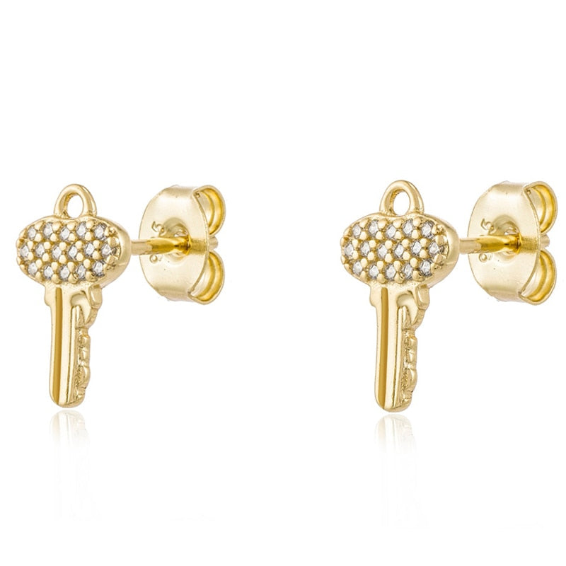 Yellow Gold Lock & Key Pave Stud Earrings