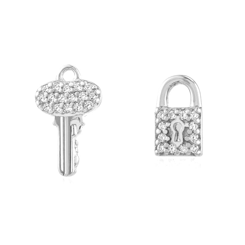 Yellow Gold Lock & Key Pave Stud Earrings