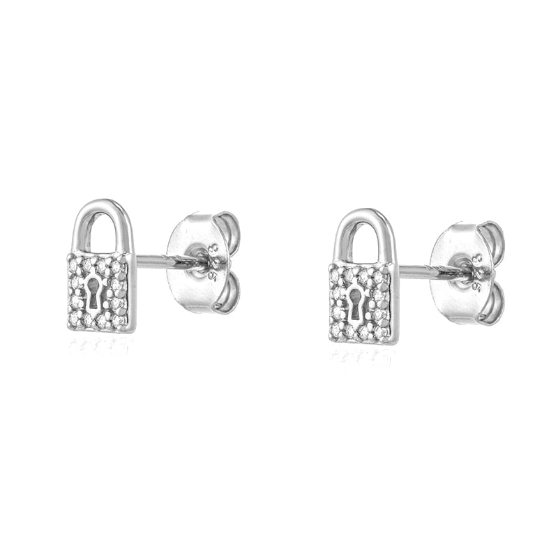 Yellow Gold Lock & Key Pave Stud Earrings