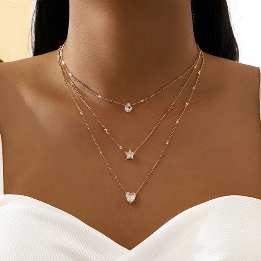 Heart Star & Pear Stone Gold Chain Layered Necklace