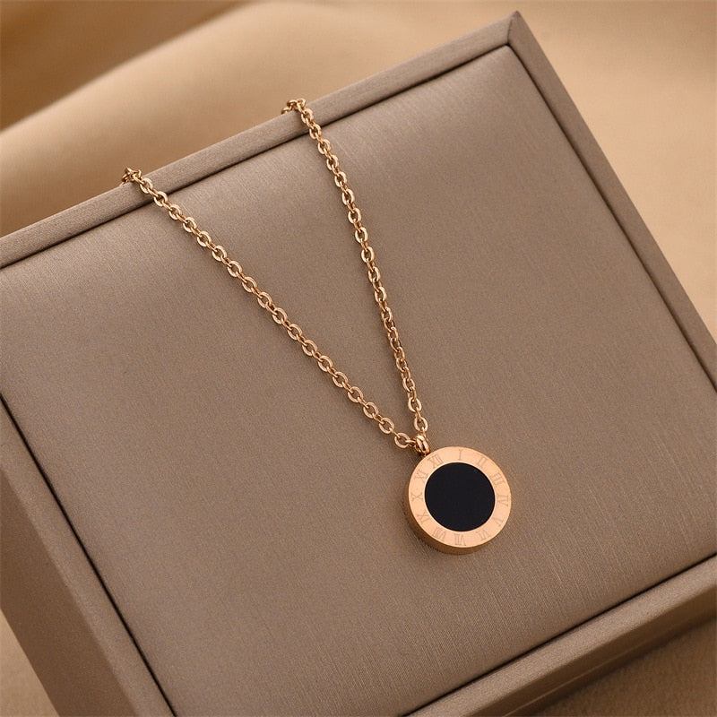 Rose Gold Roman Numeral Interlocking CZ Diamond Necklace