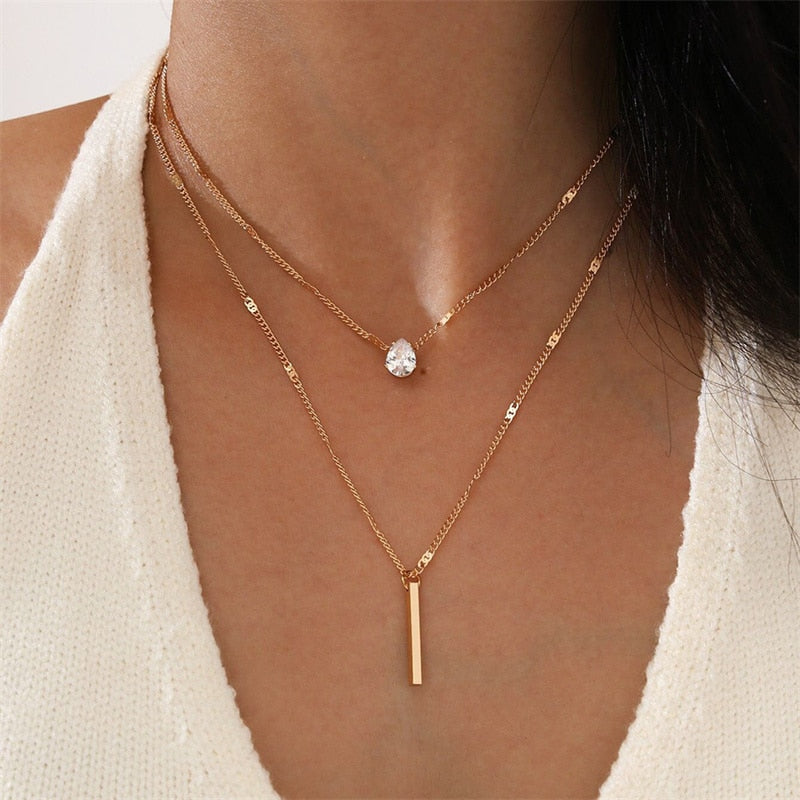 Heart Star & Pear Stone Gold Chain Layered Necklace