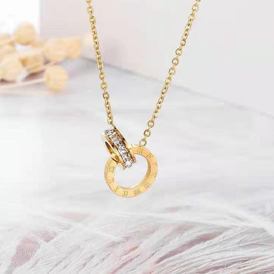 Rose Gold Roman Numeral Interlocking CZ Diamond Necklace