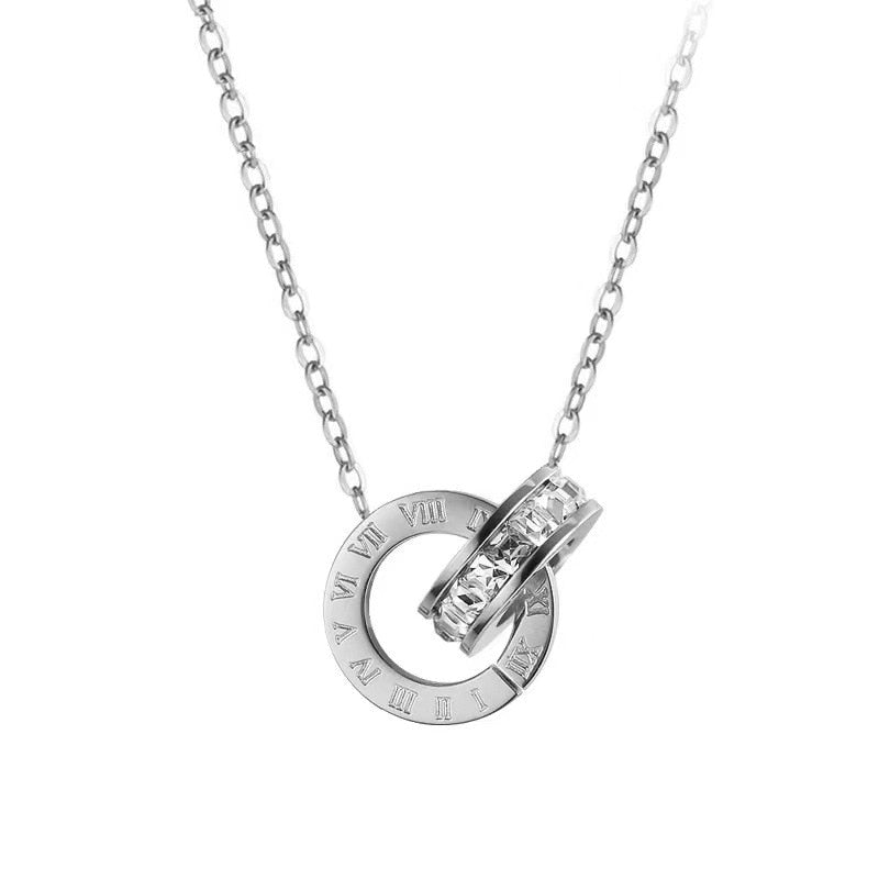 Rose Gold Roman Numeral Interlocking CZ Diamond Necklace