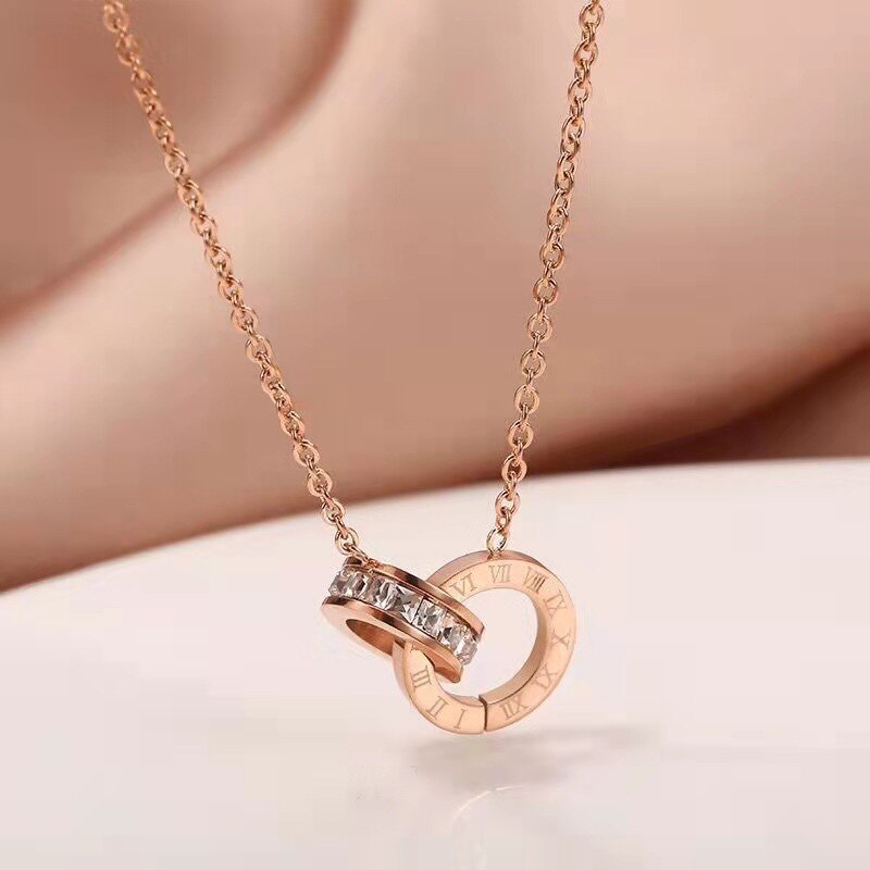 Rose Gold Roman Numeral Interlocking CZ Diamond Necklace