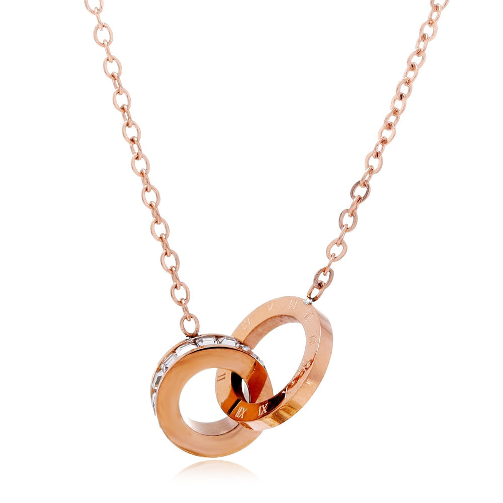 Rose Gold Roman Numeral Interlocking CZ Diamond Necklace