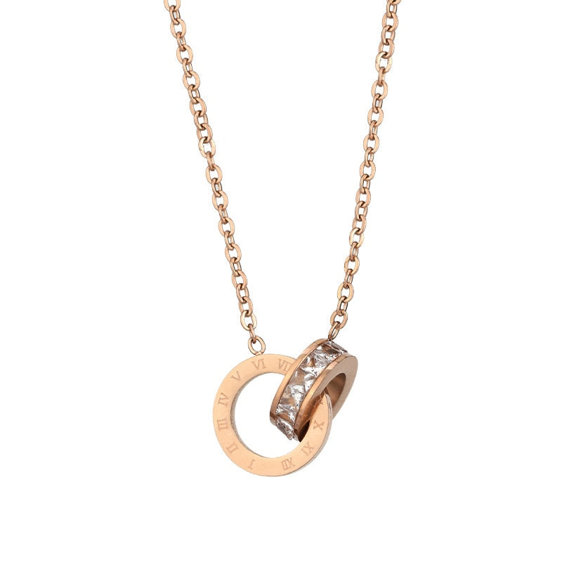 Rose Gold Roman Numeral Interlocking CZ Diamond Necklace